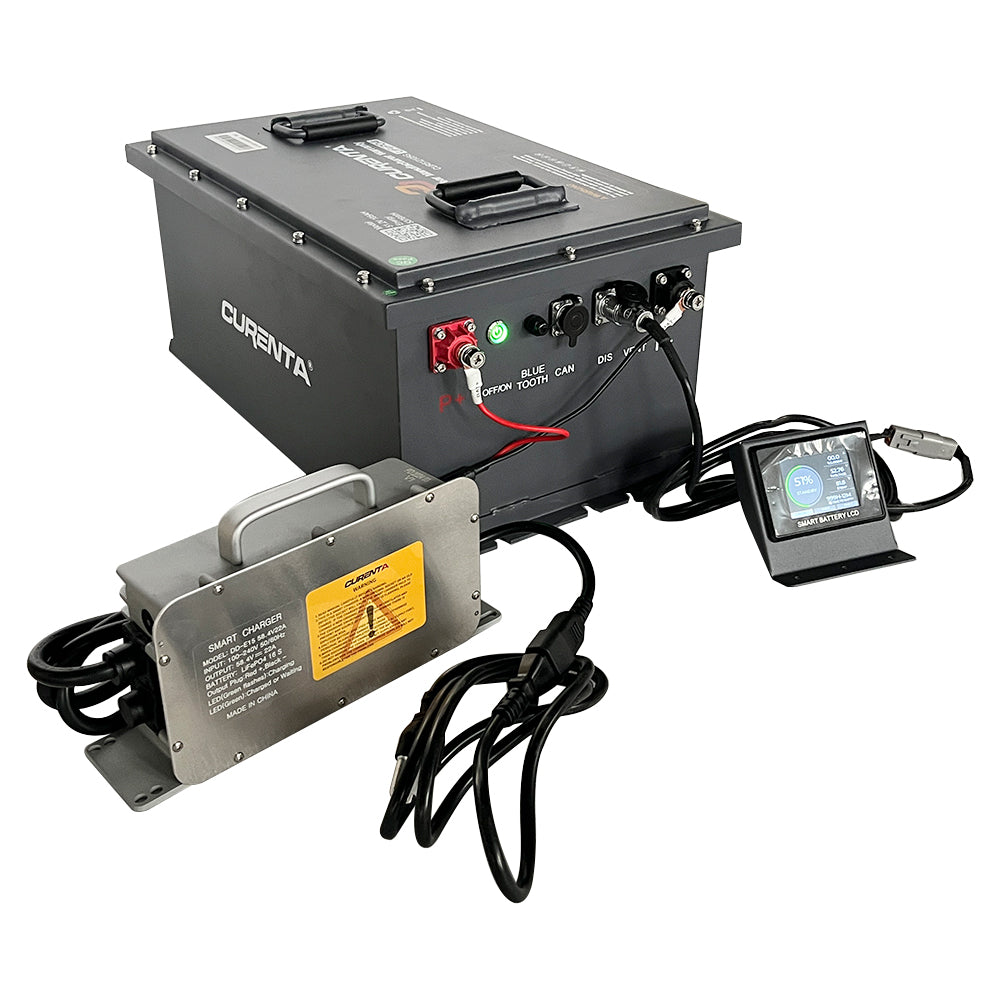 CURENTA 48V 105Ah Lithium Iron Golf Cart Battery Pack 51.2V Bluetooth LiFePO4 Battery 22A Fast Charger 2.8' Touch LCD Screen Conversion kit