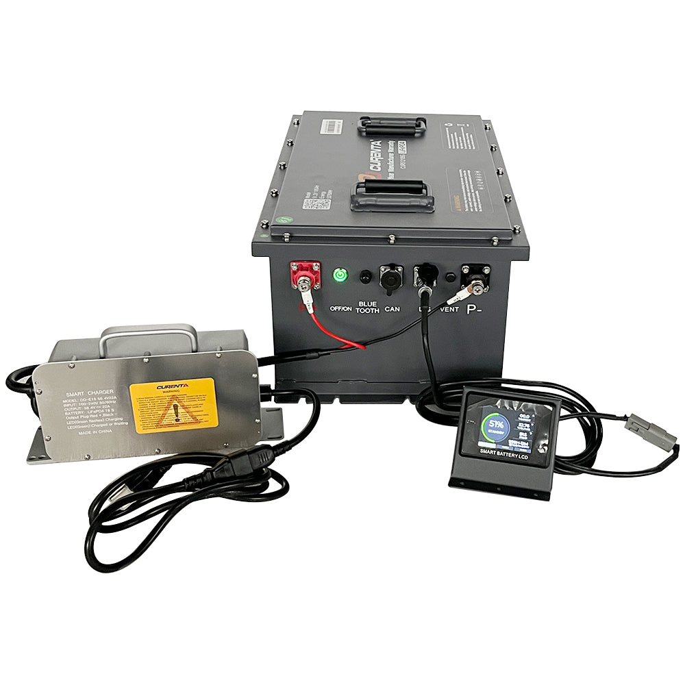 CURENTA 48V 105Ah Lithium Iron Golf Cart Battery Pack 51.2V Bluetooth LiFePO4 Battery 22A Fast Charger 2.8' Touch LCD Screen Conversion kit
