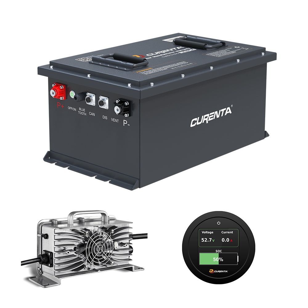 CURENTA 48V 105Ah Lithium Iron Golf Cart Battery Pack 51.2V Bluetooth LiFePO4 Battery 22A Fast Charger 2.8' Touch LCD Screen Conversion kit