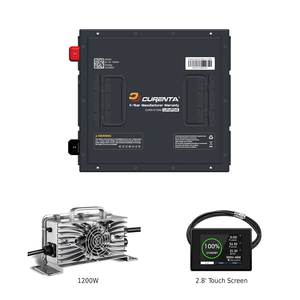 CURENTA 48V 105Ah Mini-Sized Lithium Iron Golf Cart Battery 51.2V 105Ah Bluetooth LiFePO4 Battery 22A Fast Charger 2.8' Touch LCD Screen Conversion kit