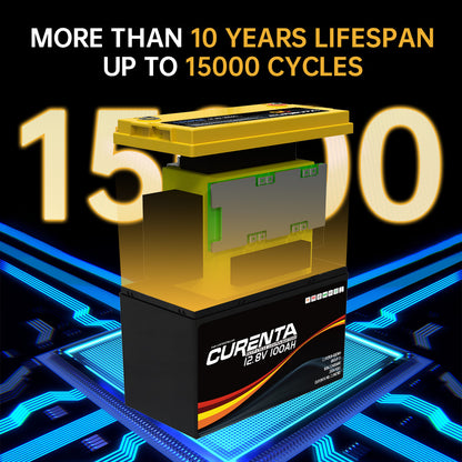 CURENTA 12V 100Ah LiFePO4 Battery, Built-in 100A BMS, Max.1280Wh Lithium Iron Phosphate Battery with Up to 15000 Cycles & 10 Years Lifespan for RV, Camper, Solar Energy, Off Grid, Trolling Motor