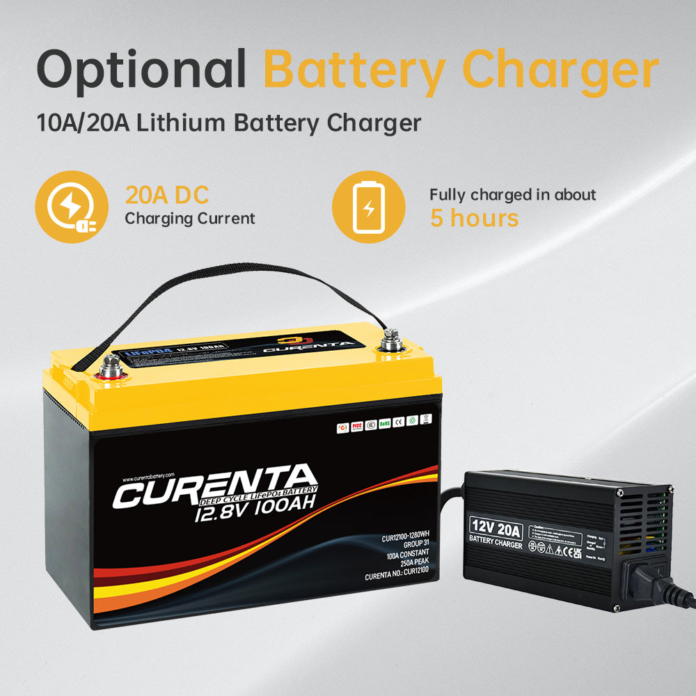 CURENTA 12V 100AH Solar Battery Rechargeable Lithium LiFePO4 Battery Pack for RVs Marine Camper Boat