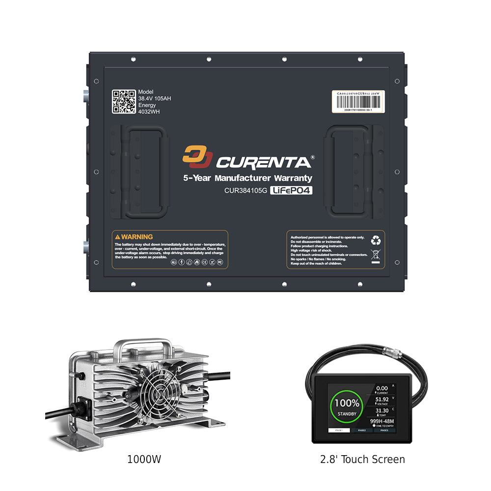 CURENTA 36V 105Ah Lithium Iron Golf Cart Battery 38.4V 105Ah Bluetooth LiFePO4 Battery 22A Fast Charger 2.8' Touch  LCD Screen Conversion kit for Golf Cart