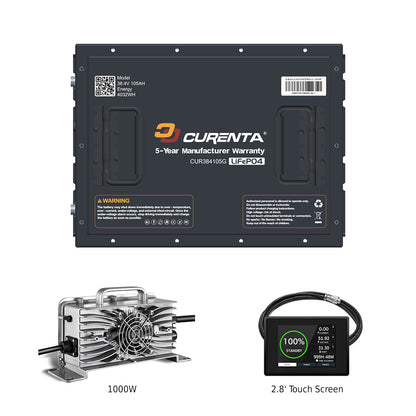 CURENTA 36V 105Ah Lithium Iron Golf Cart Battery 38.4V 105Ah Bluetooth LiFePO4 Battery 22A Fast Charger 2.8' Touch  LCD Screen Conversion kit for Golf Cart