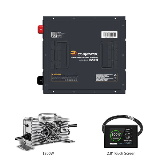 CURENTA 48V 105Ah Mini-Sized Lithium Iron Golf Cart Battery 51.2V 105Ah Bluetooth LiFePO4 Battery 22A Fast Charger 2.8' Touch  LCD Screen Conversion kit